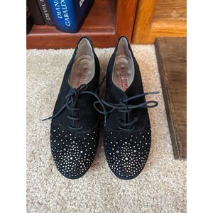 Sabrina Spain black suede lace up loafers silver studded sz 37 euc
